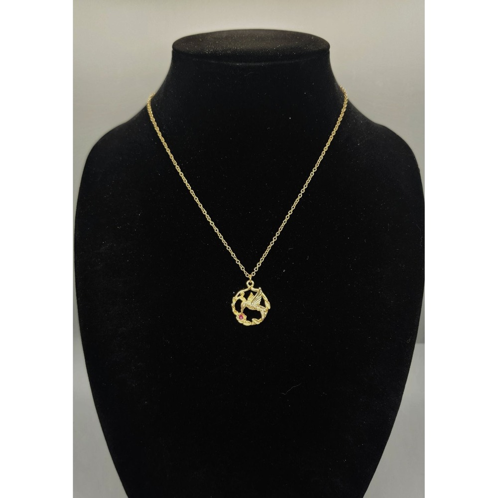JJI Jonette Jewelry Vintage Hummingbird Pendant Necklace 18" Gold Tone Red Stone